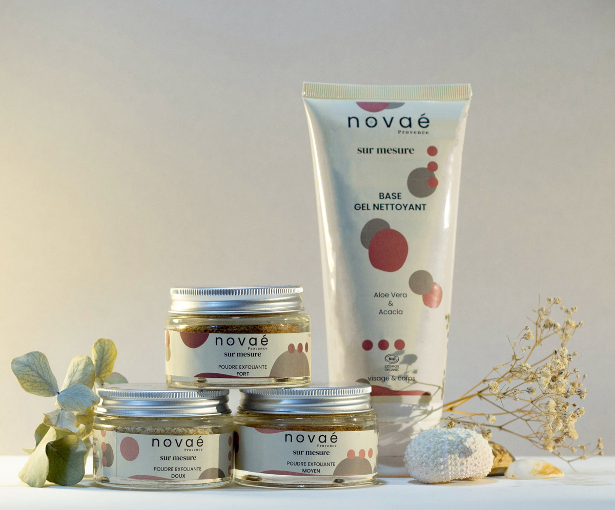 packaging et identité visuelle de la marque de cosmétique novaé Provence